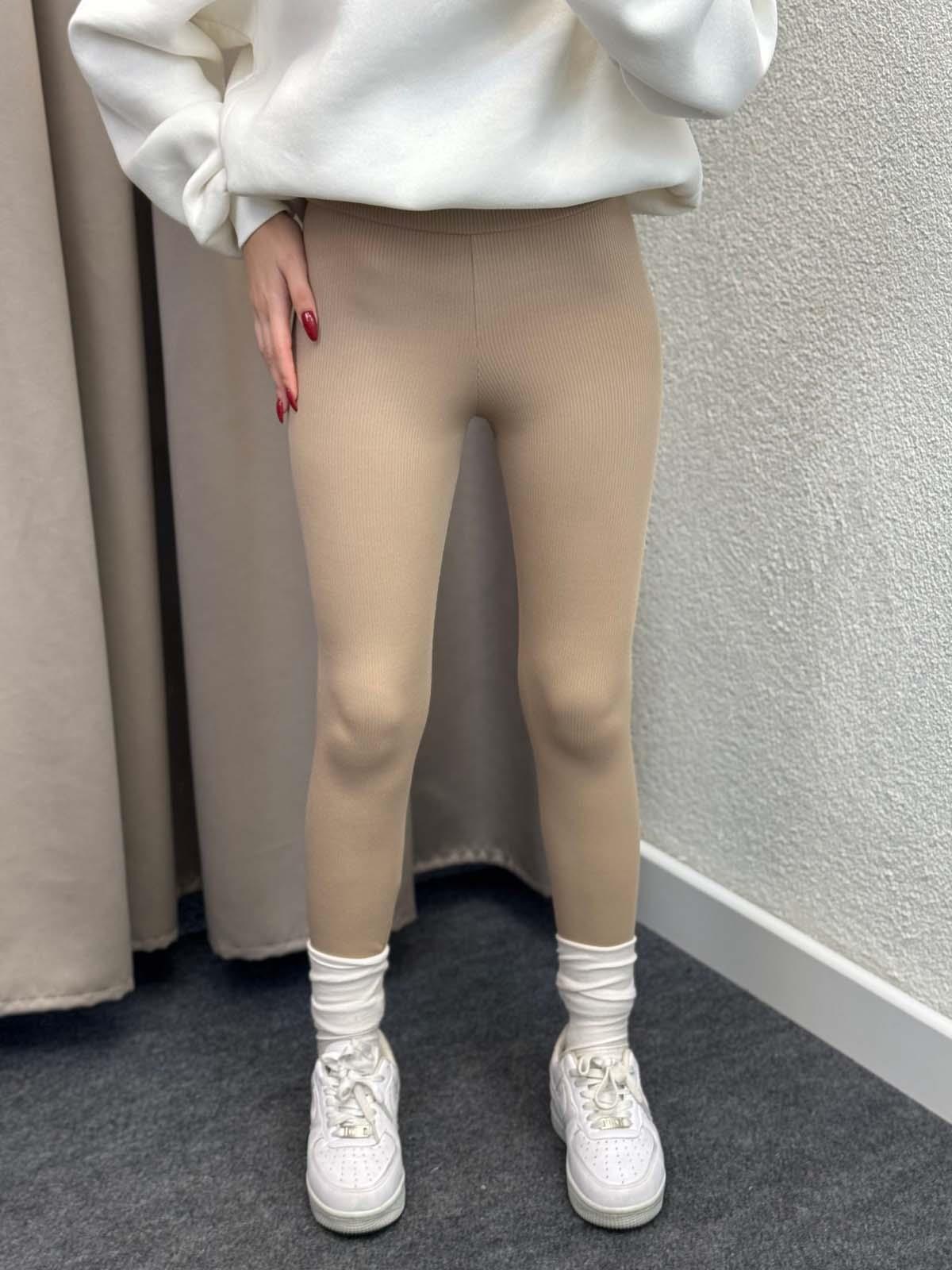 Süper Yüksek Bel Koyu Bej Fitilli Tayt