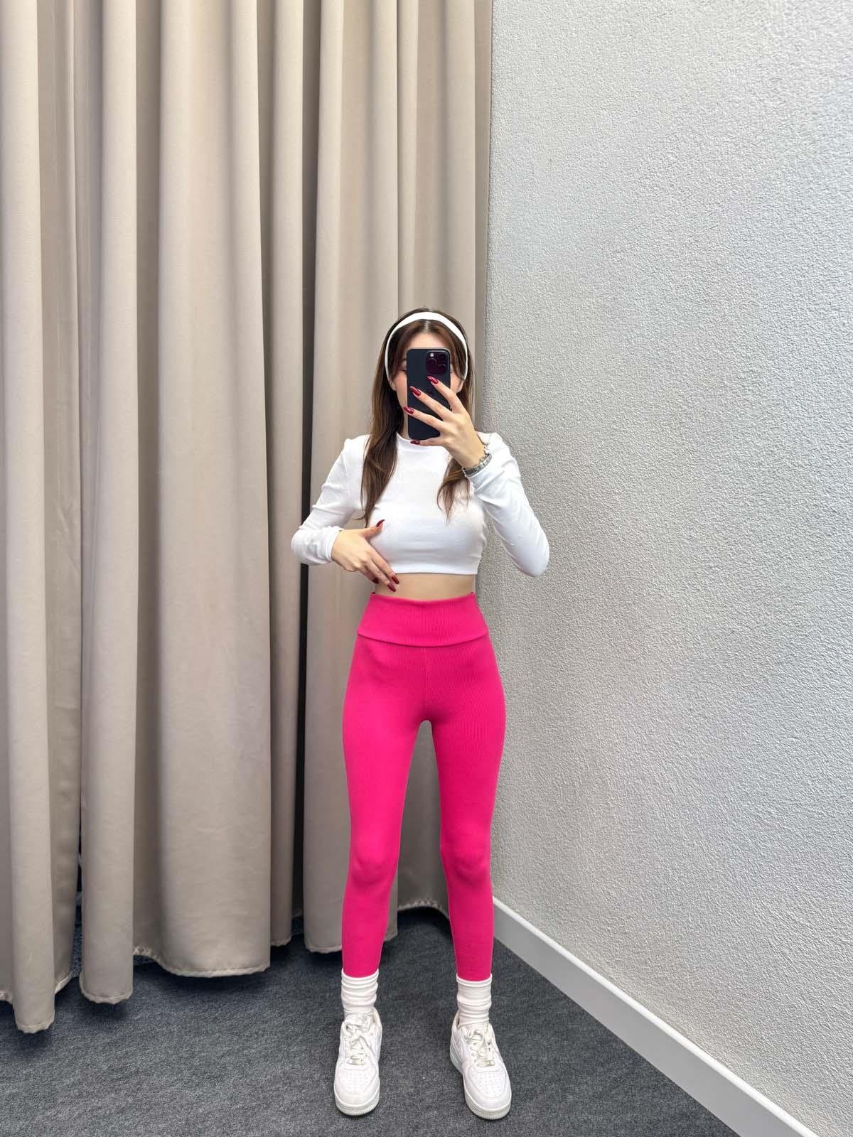 Süper Yüksek Bel Pembe Fitilli Tayt