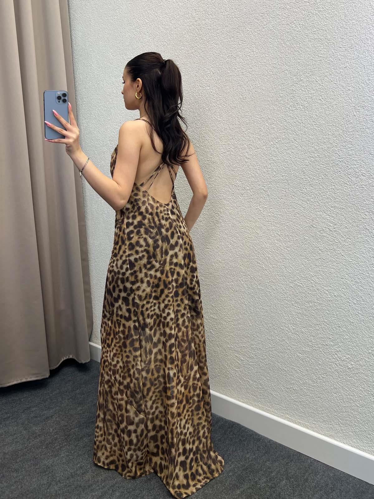 Tiger Leopar Desenli Sırt Dekolteli Yırtmaçlı Elbise