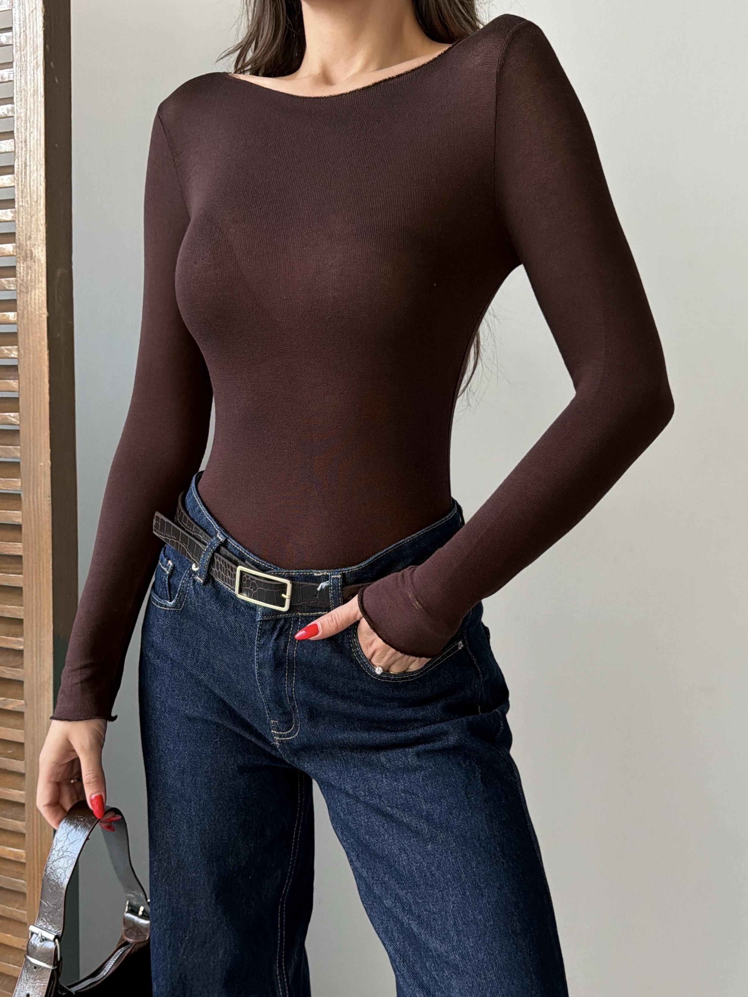 TRANSPARAN KAYIK YAKA BLUZ KAHVE