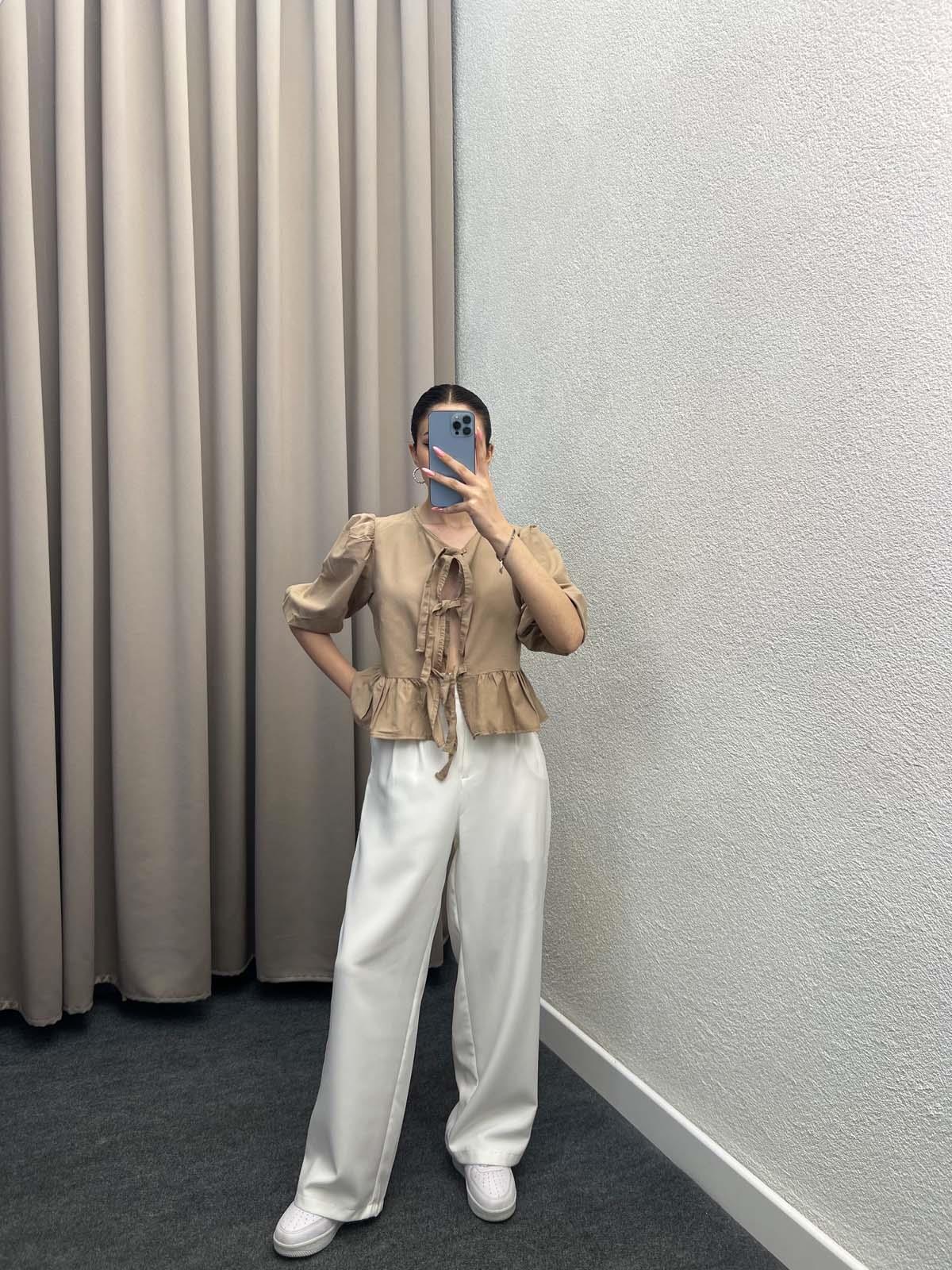 Voleta Önü Bağlamalı Kahve Bluz