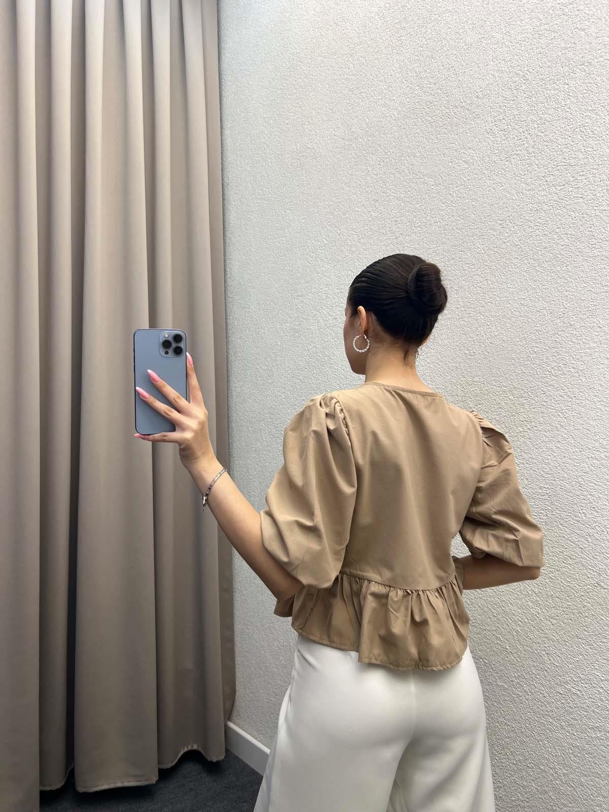 Voleta Önü Bağlamalı Kahve Bluz