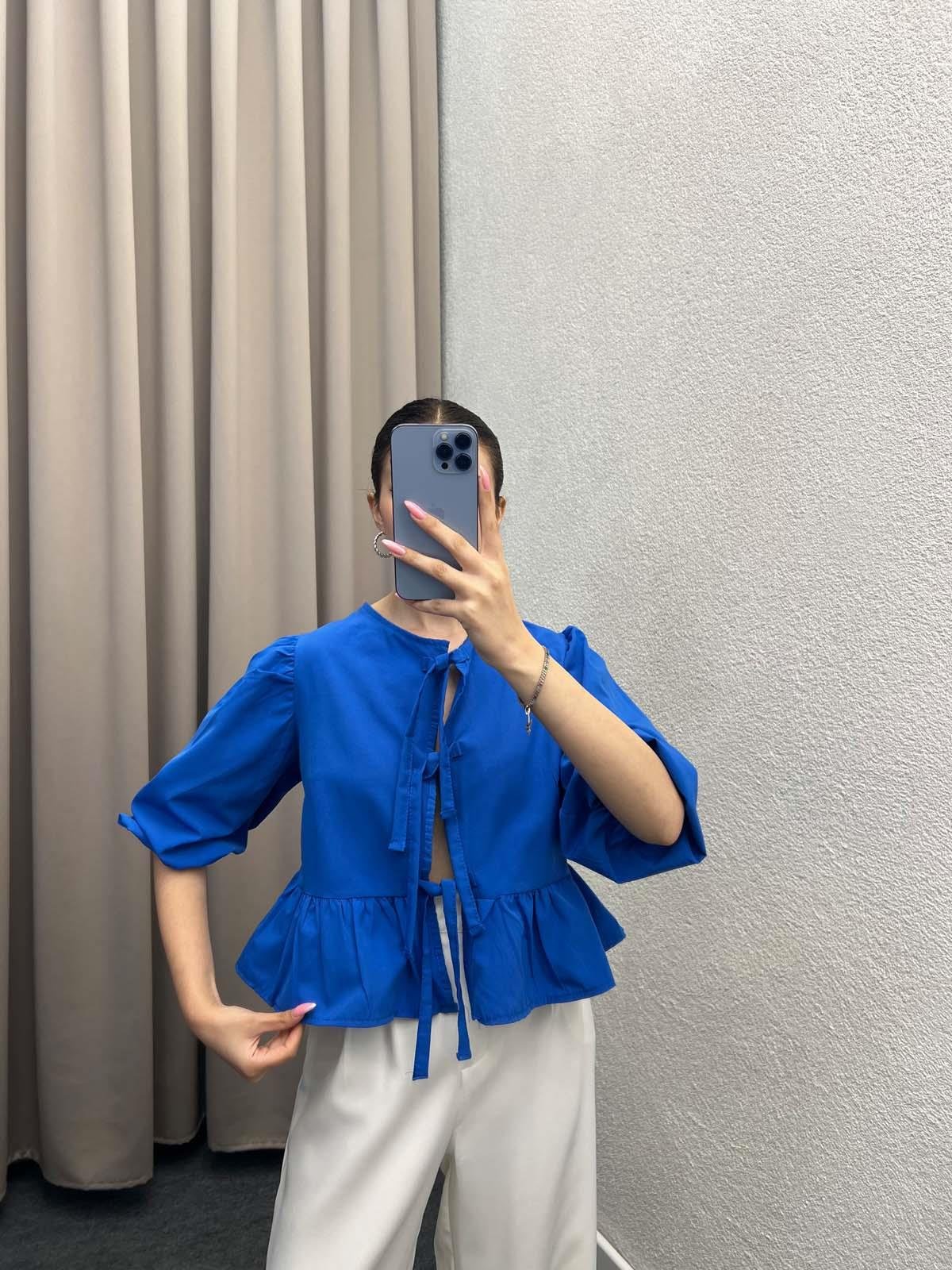 Voleta Önü Bağlamalı Saks Mavi Bluz