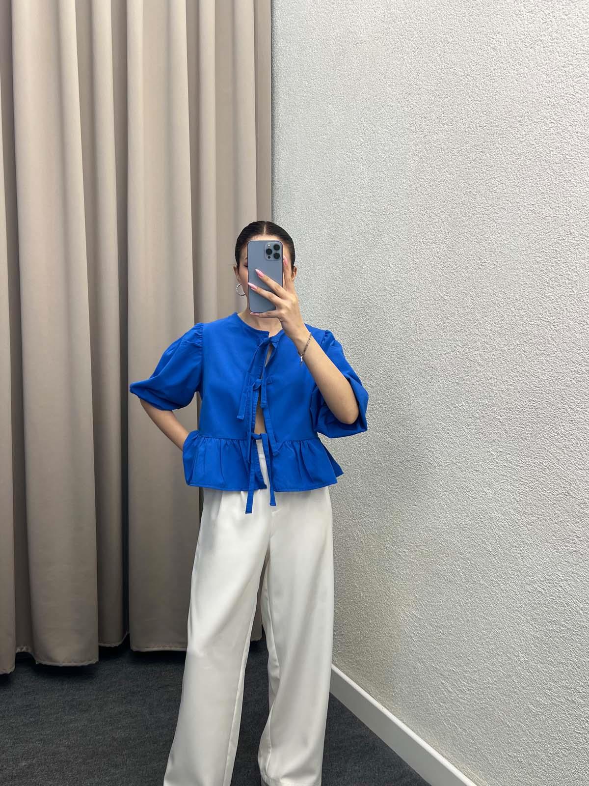 Voleta Önü Bağlamalı Saks Mavi Bluz