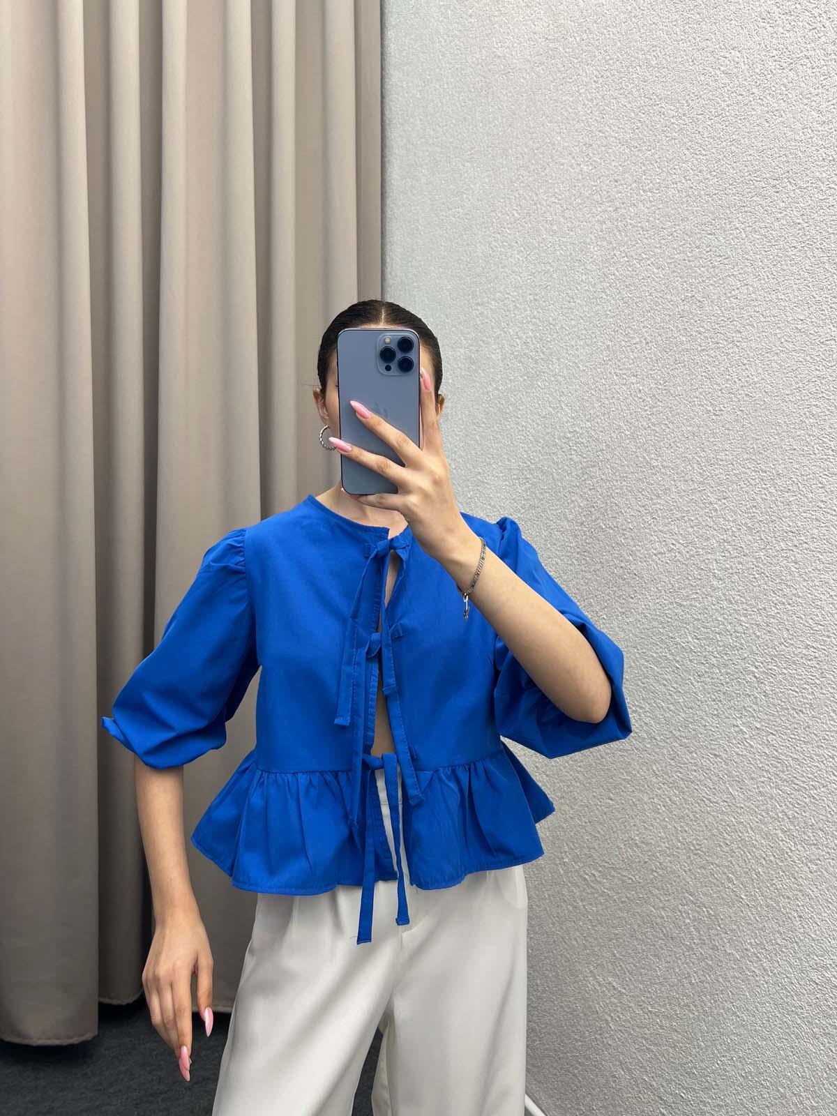 Voleta Önü Bağlamalı Saks Mavi Bluz