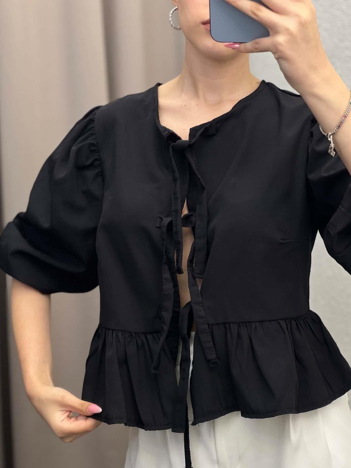 Voleta Önü Bağlamalı Siyah Bluz