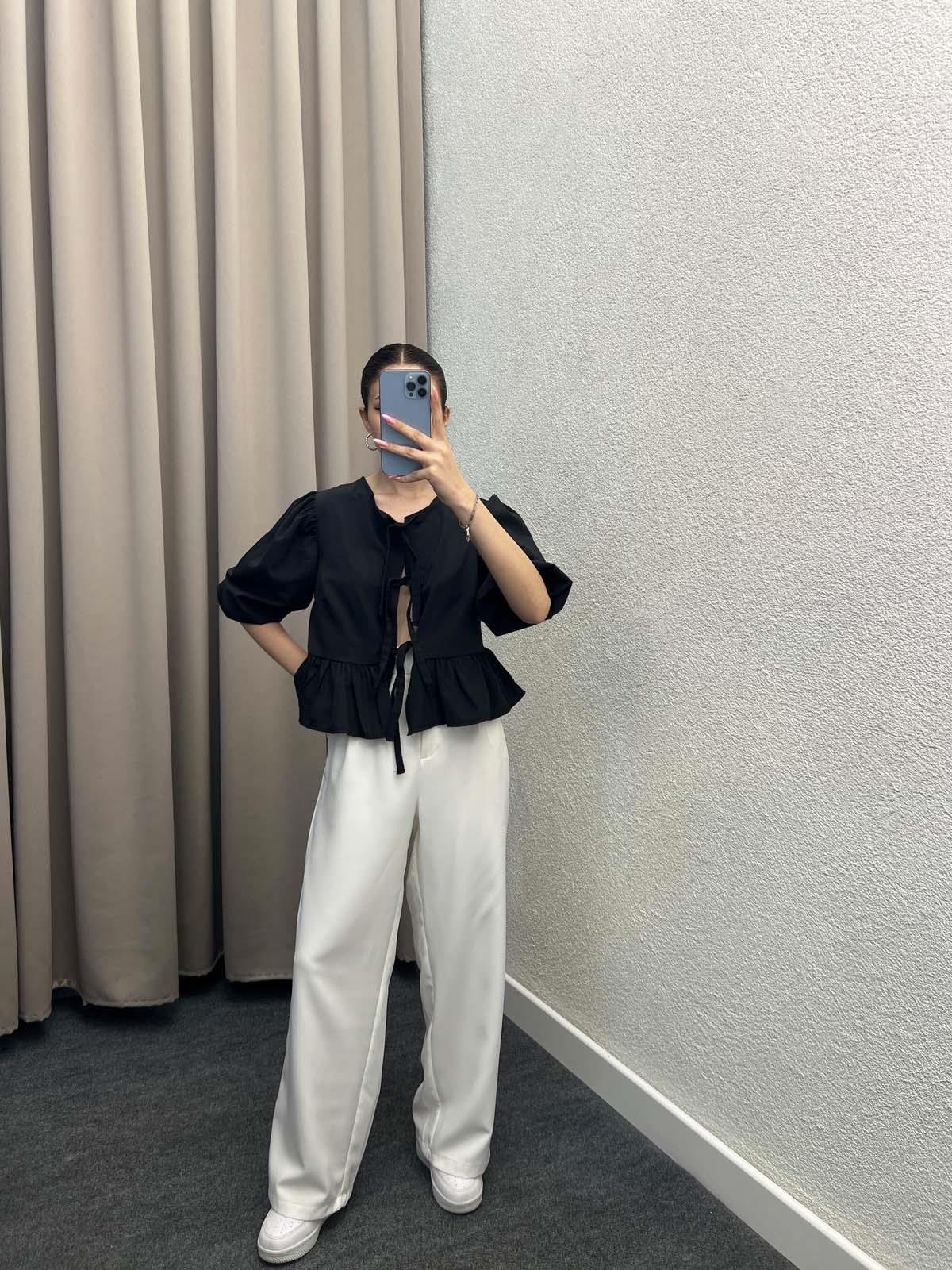 Voleta Önü Bağlamalı Siyah Bluz