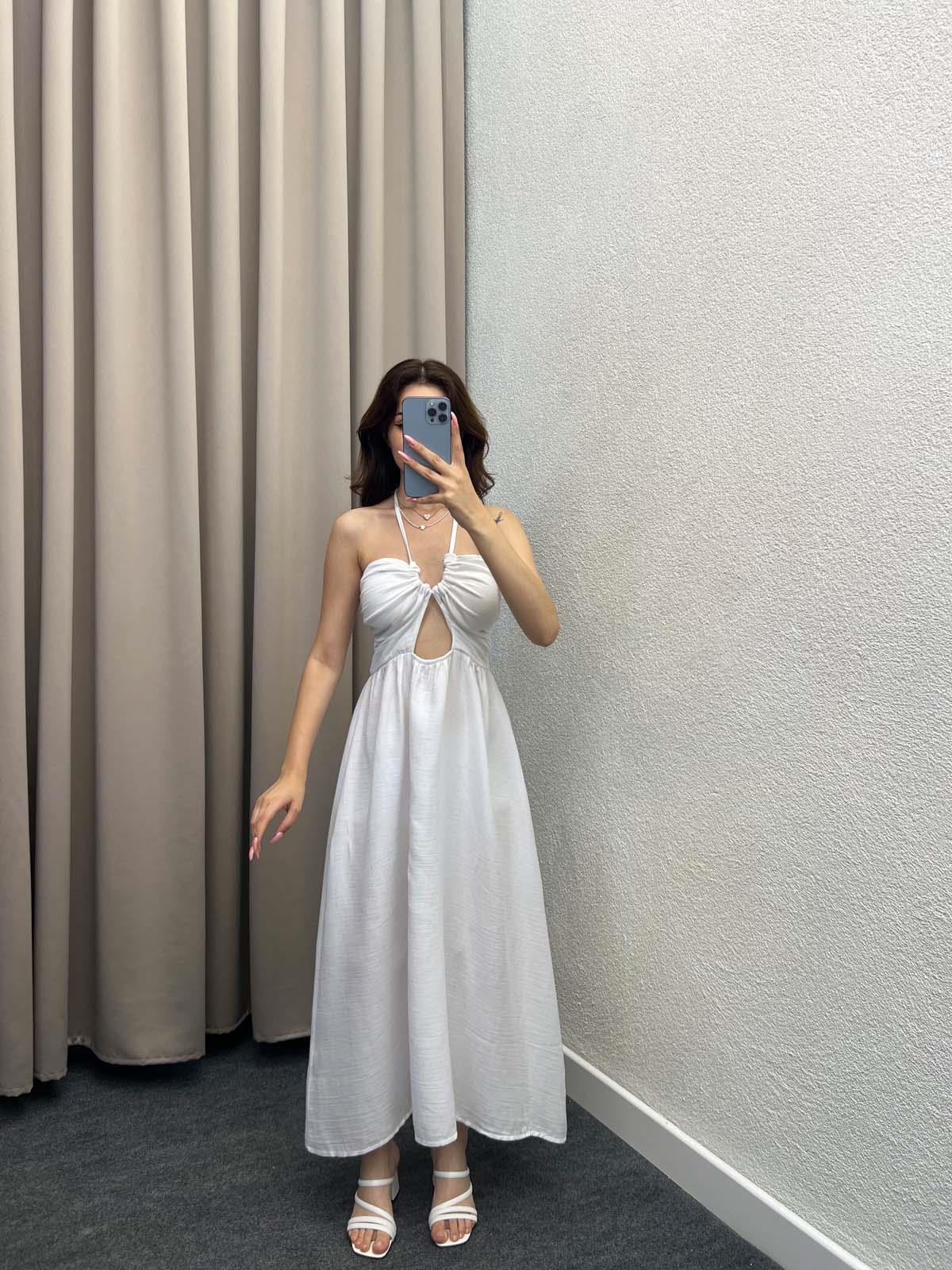 Zaragoza Beyaz Keten Elbise