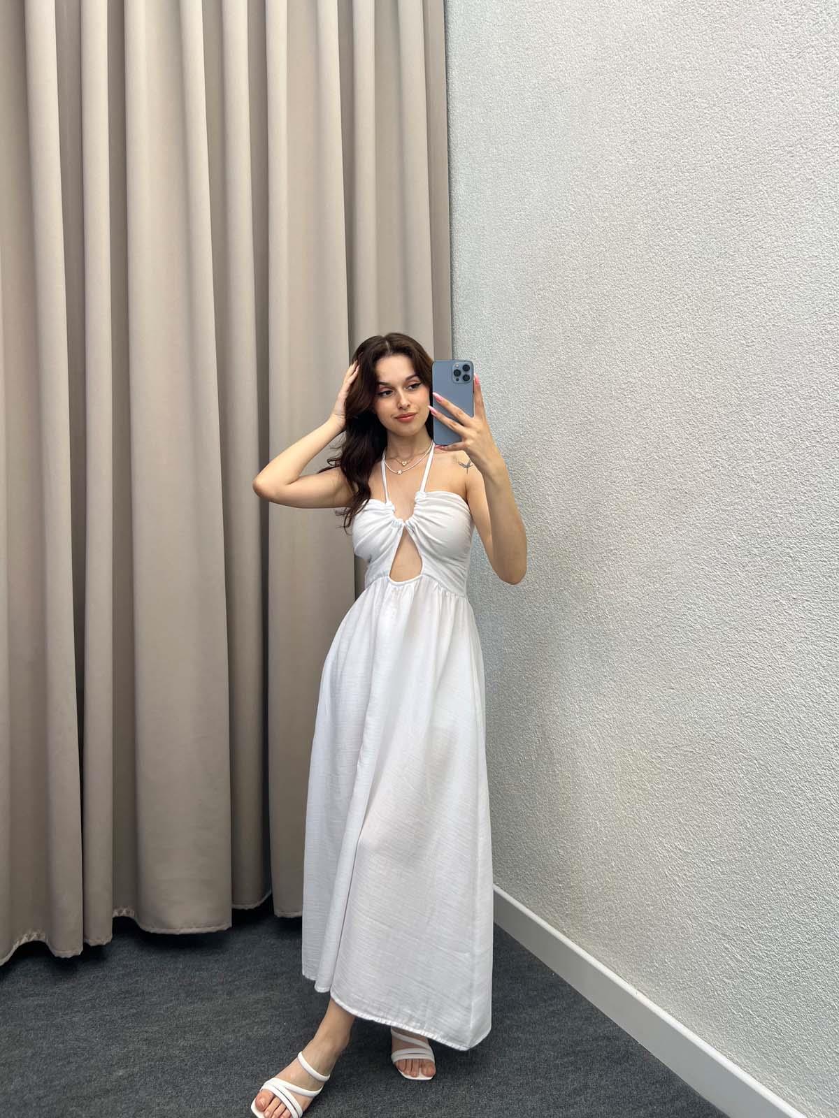 Zaragoza Beyaz Keten Elbise