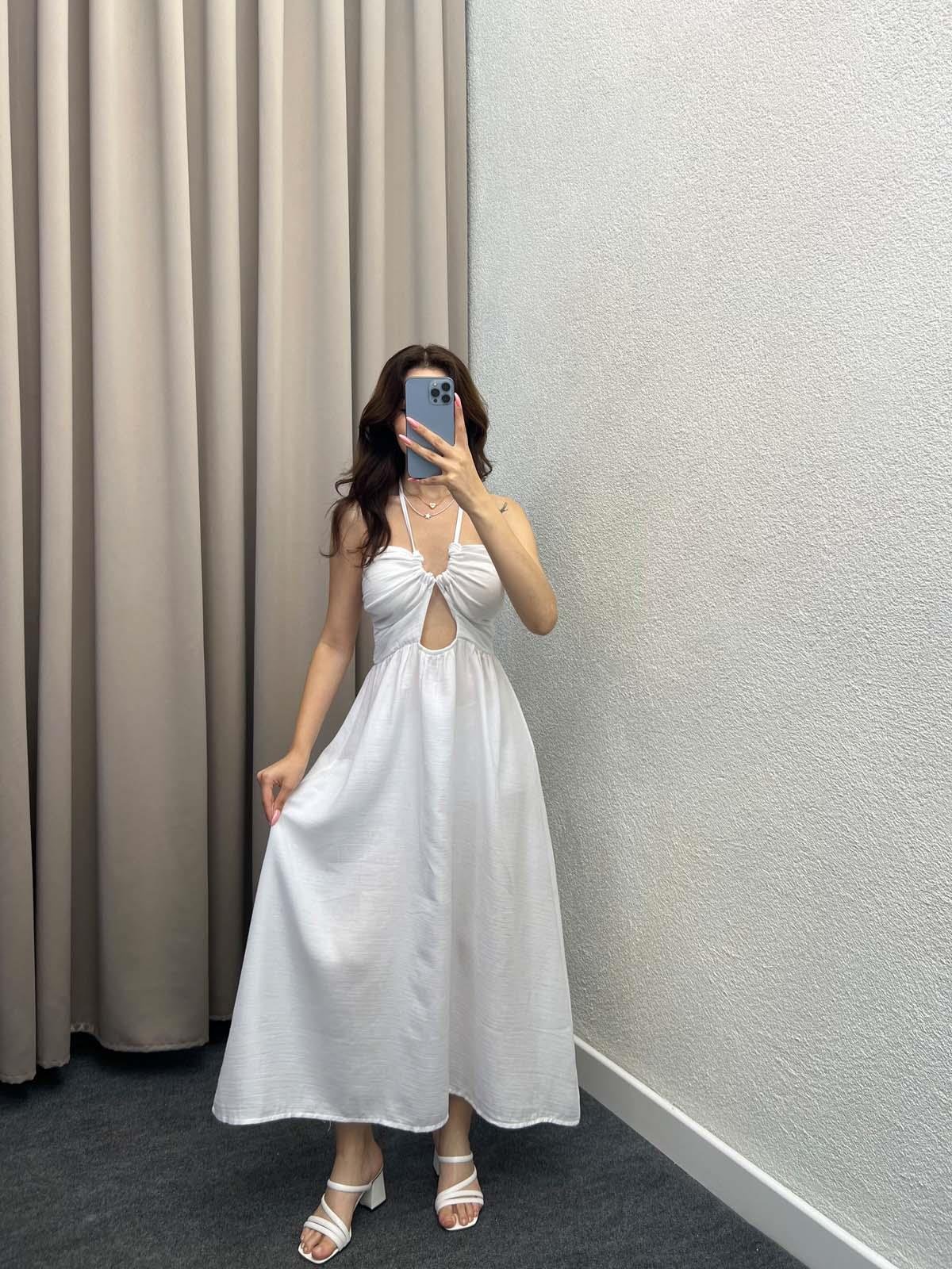 Zaragoza Beyaz Keten Elbise