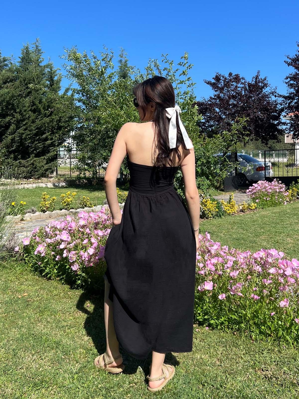 Zaragoza Siyah Keten Elbise