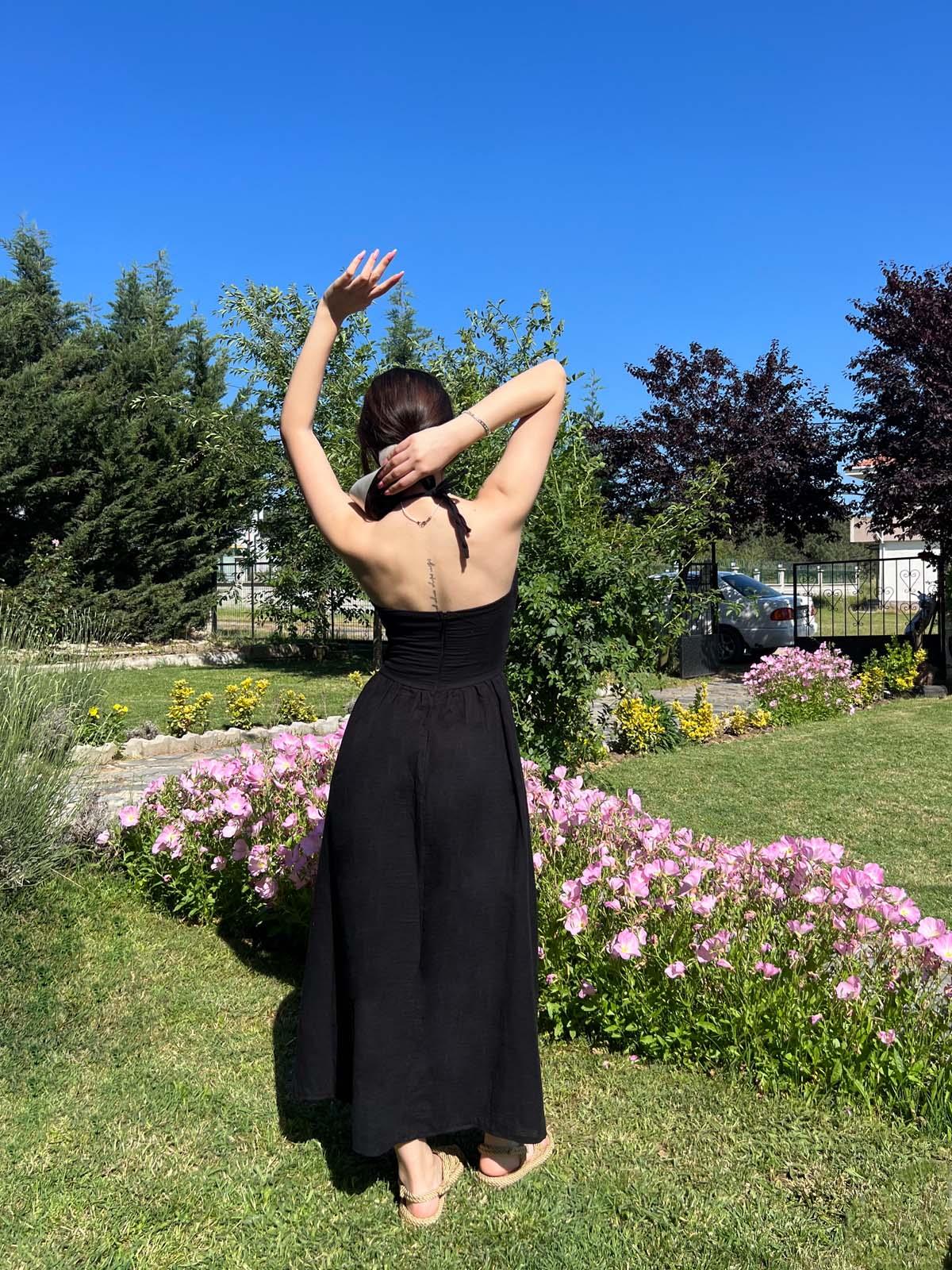 Zaragoza Siyah Keten Elbise