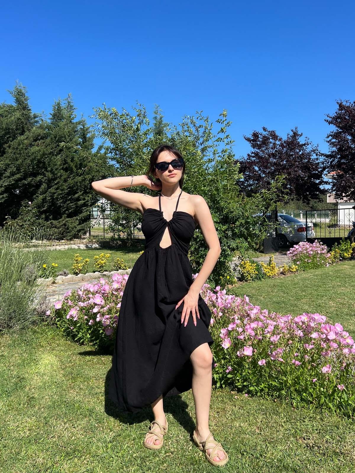 Zaragoza Siyah Keten Elbise