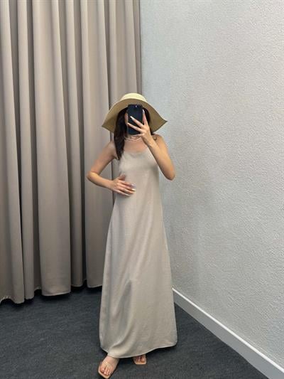 Ares Askılı Bej Keten Elbise