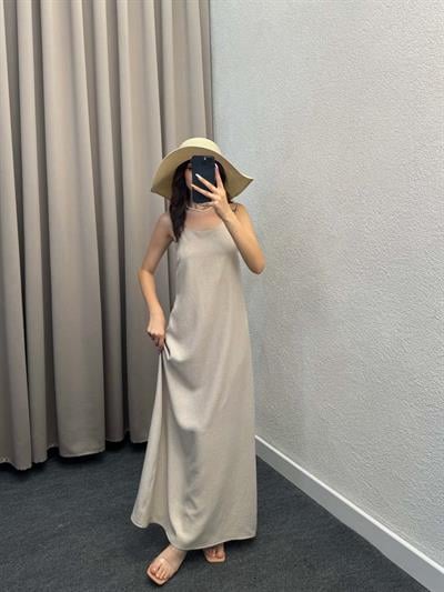 Ares Askılı Bej Keten Elbise