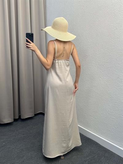 Ares Askılı Bej Keten Elbise
