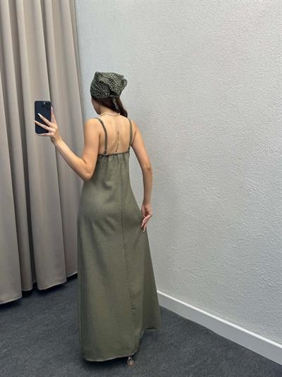 Ares Askılı Haki Keten Elbise