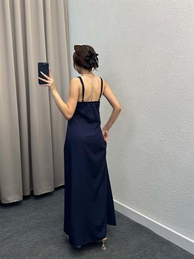 Ares Askılı Lacivert Keten Elbise