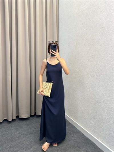 Ares Askılı Lacivert Keten Elbise