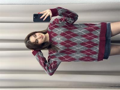 BAKLAVA DESEN OVERSİZE KALIP KAZAK BORDO