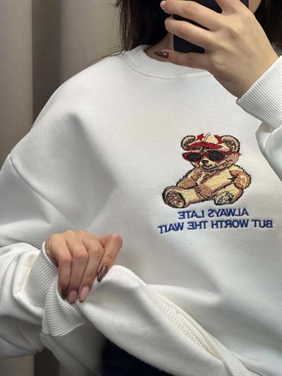 Bear Beyaz Basic Sweatshirt