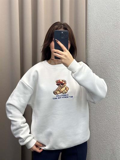 Bear Beyaz Basic Sweatshirt