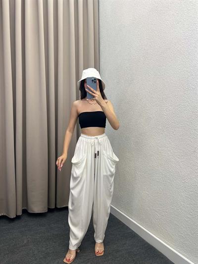 Belmando Kumaş Beyaz Şalvar Pantolon