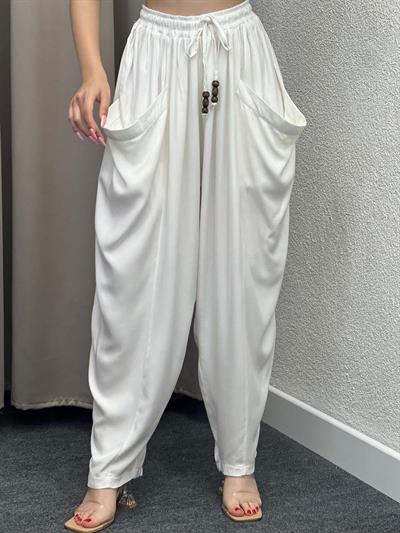 Belmando Kumaş Beyaz Şalvar Pantolon