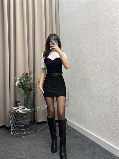 Beyaz Siyah Bisiklet Yaka Drapeli Bluz