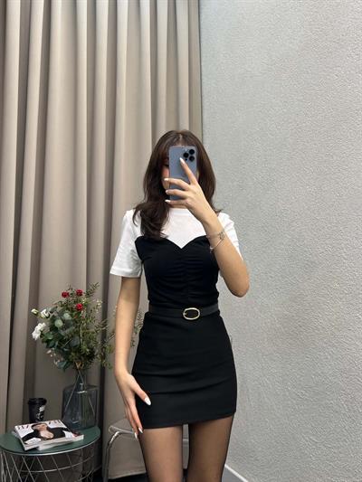 Beyaz Siyah Bisiklet Yaka Drapeli Bluz