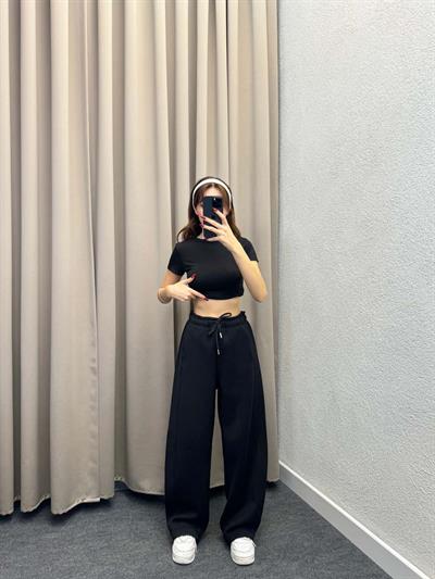 Bogato Oversize Siyah Yüksek Bel Eşofman Altı