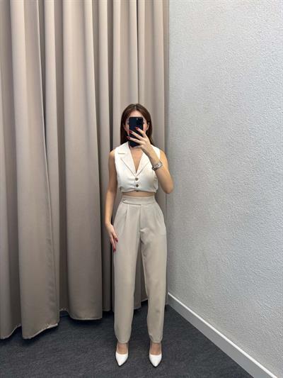 Boon Bej Lastik Kemer Düğme Detay Pantolon