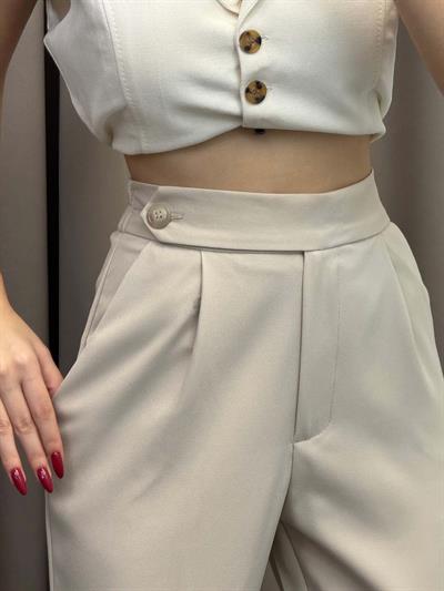 Boon Bej Lastik Kemer Düğme Detay Pantolon