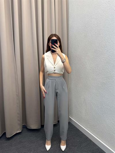 Boon Gri Lastik Kemer Düğme Detay Pantolon