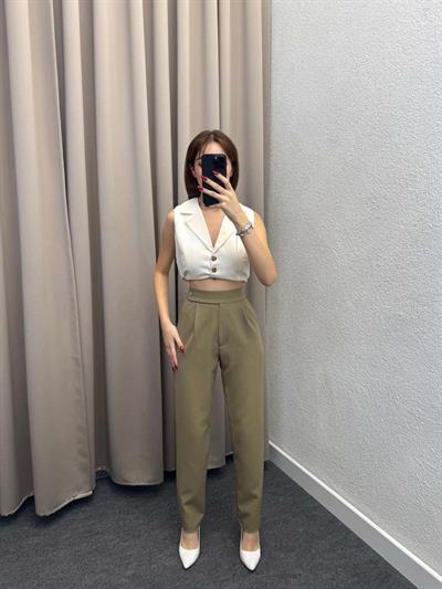 Boon Haki Lastik Kemer Düğme Detay Pantolon