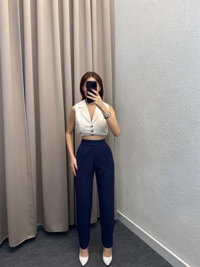 Boon Lacivert Lastik Kemer Düğme Detay Pantolon