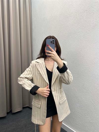 Çizgili Astarlı Keten Taş Çeket