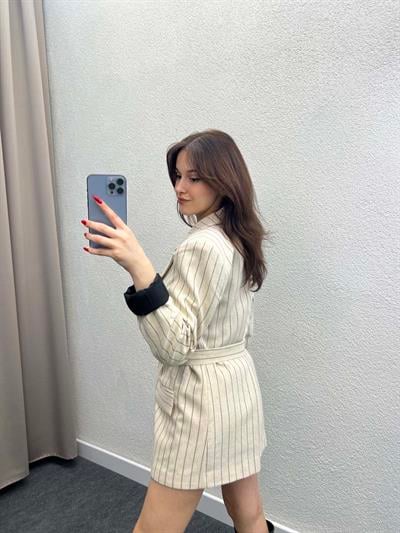 Çizgili Astarlı Keten Taş Çeket