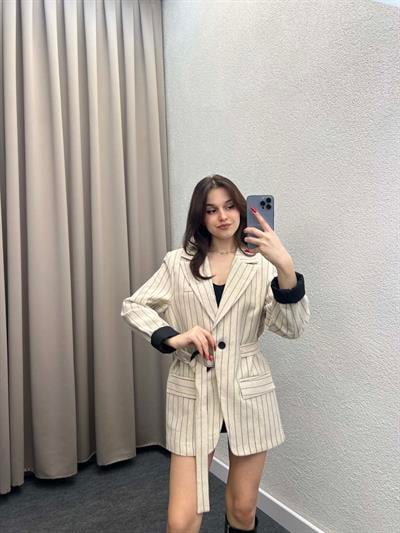 Çizgili Astarlı Keten Taş Çeket