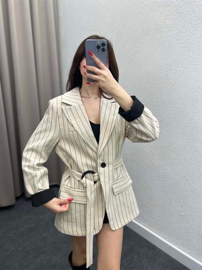 Çizgili Astarlı Keten Taş Çeket