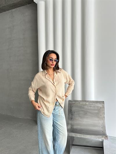 ÇİZGİLİ SALAŞ MODAL KUMAŞ GÖMLEK BEJ