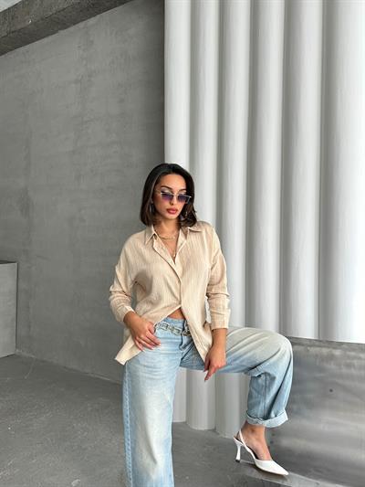 ÇİZGİLİ SALAŞ MODAL KUMAŞ GÖMLEK BEJ