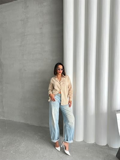 ÇİZGİLİ SALAŞ MODAL KUMAŞ GÖMLEK BEJ