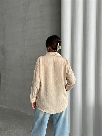 ÇİZGİLİ SALAŞ MODAL KUMAŞ GÖMLEK BEJ