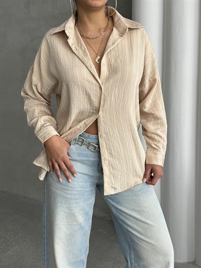 ÇİZGİLİ SALAŞ MODAL KUMAŞ GÖMLEK BEJ