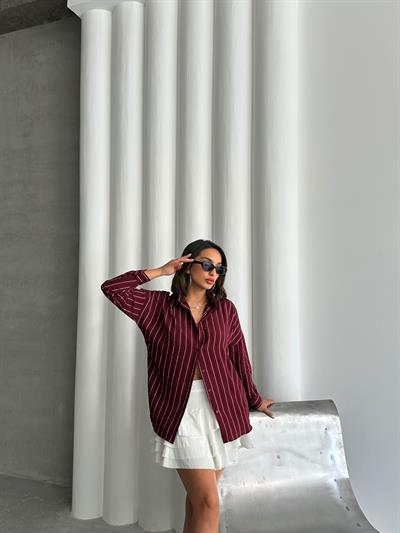 ÇİZGİLİ SALAŞ MODAL KUMAŞ GÖMLEK BORDO