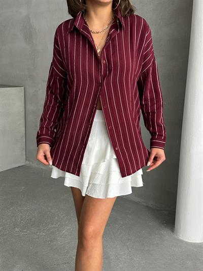 ÇİZGİLİ SALAŞ MODAL KUMAŞ GÖMLEK BORDO