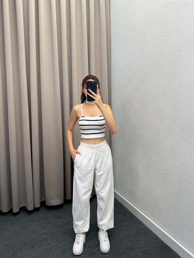 Çizgli Askılı Beyaz Crop