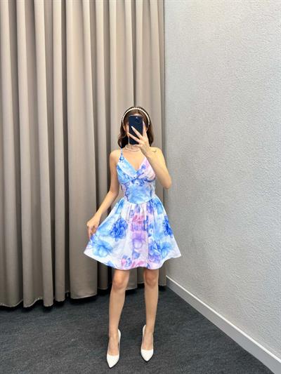 Diverce Mor Desenli Kısa Elbise