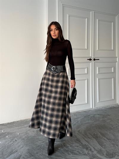 EKOSE KLOŞ ETEK UZUN BOY BEJ-SİYAH